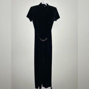Vintage 80s/90's Victoria Stephens Black Velour Velvet Jumpsuit Silver Belt SZ 6